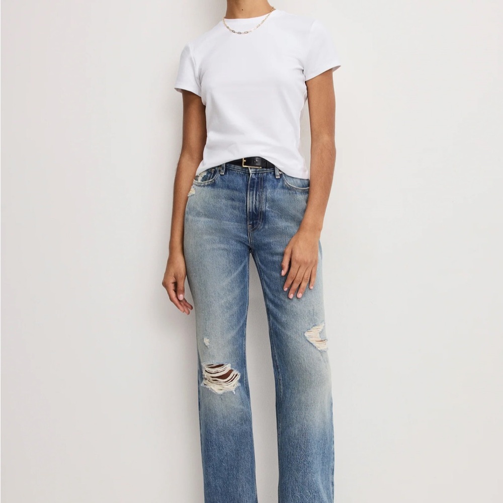 Good American The Khloe Blue Distressed Straight Leg Jeans